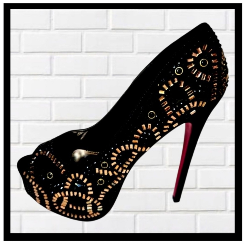 LASONIA Women Black/Gold Rinestone Stiletto Platform Shoes Sz 6